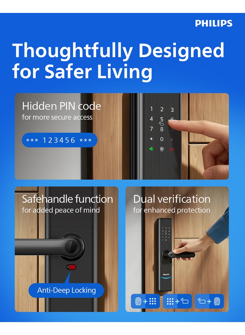 فيليبس قفل ذكي Philips DDL7300-5HWS مع واي فاي، تحكم عبر تطبيق EasyKey، بصمة، RFID، رمز PIN، مفتاح ميكانيكي، رموز PIN مؤقتة، وظيفة القفل التلقائي - Image 5
