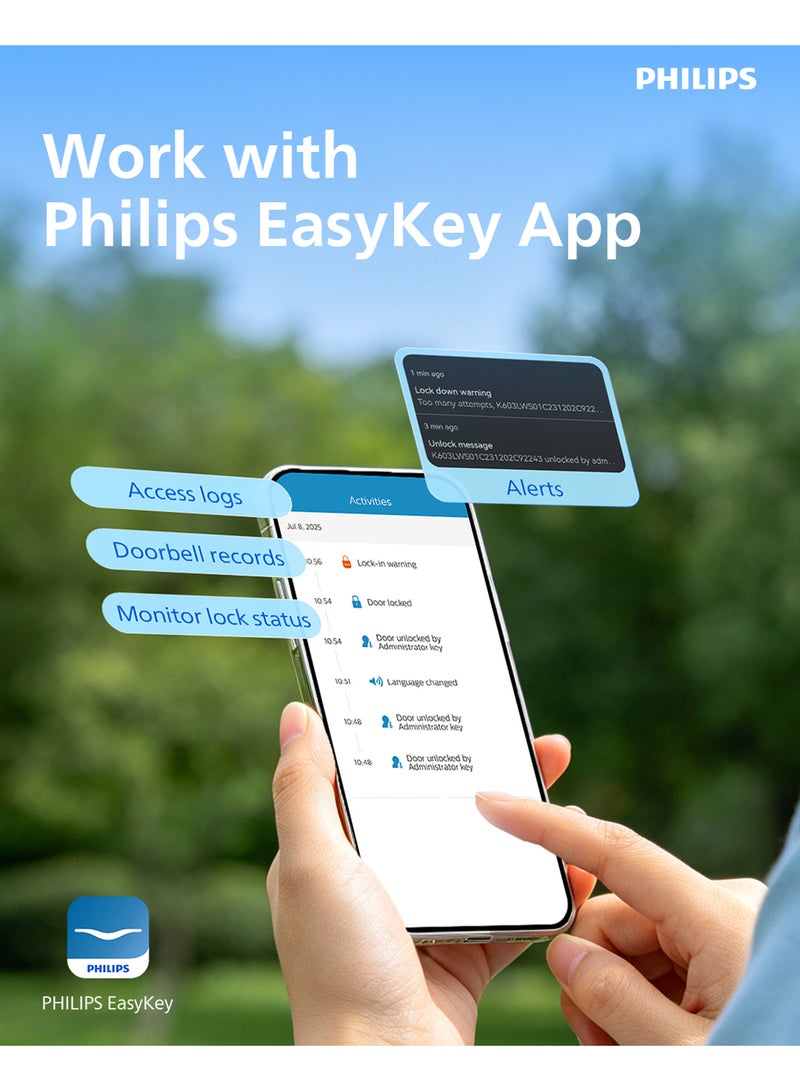 فيليبس قفل ذكي Philips DDL7300-5HWS مع واي فاي، تحكم عبر تطبيق EasyKey، بصمة، RFID، رمز PIN، مفتاح ميكانيكي، رموز PIN مؤقتة، وظيفة القفل التلقائي - Image 3