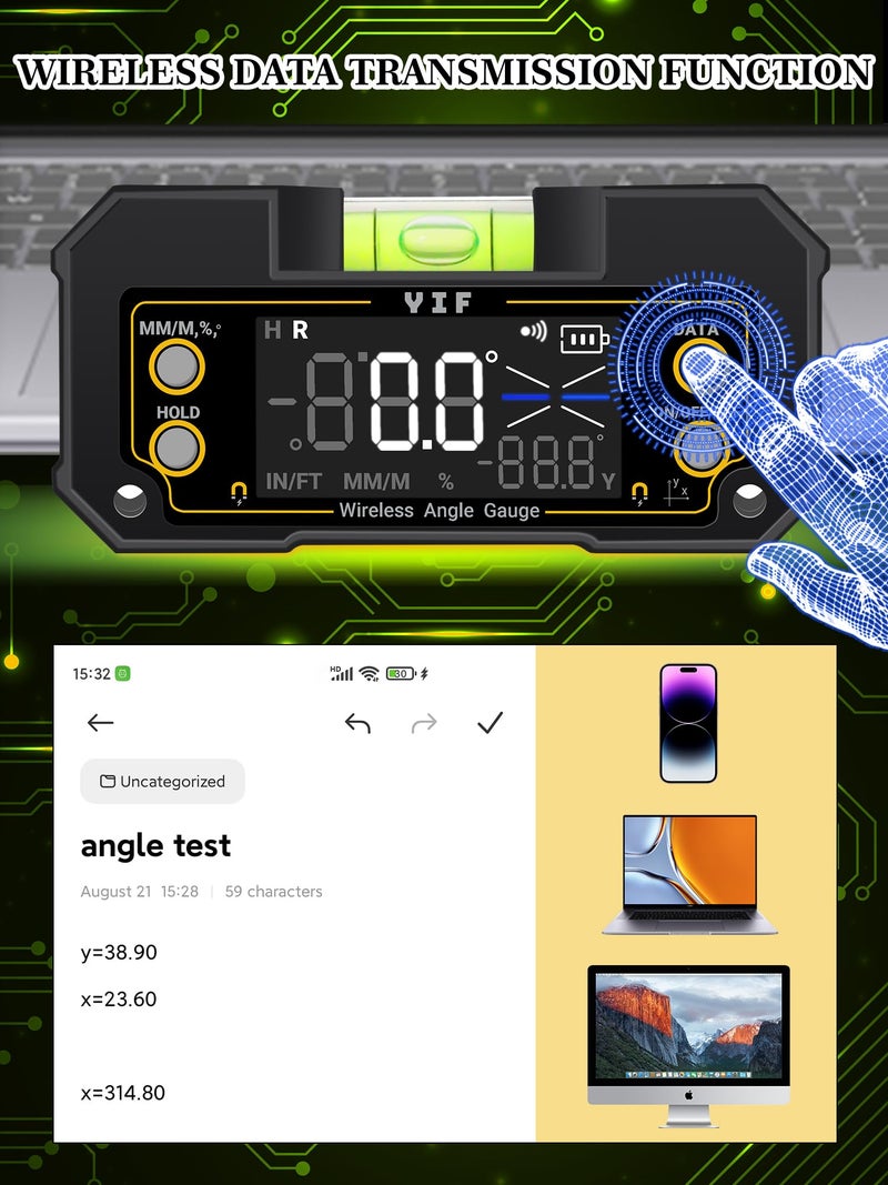 YIF Wireless Digital Angle Finder Tool with Dual Axis, Digital Level with Slope Percentage - Magnetic Angle Finder with Clear Display & Digital Protractor for Absolute & Relative Measurement - Image 4