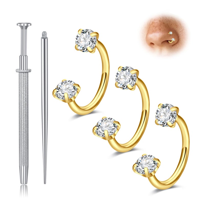 MODRSA 3pcs Gold Horseshoe Nose Ring 20g Double Gem Horse Shoe Nose Ring Hoop for Women Surgical Steel Half Hoop U Shape Double Stud Tragus Earring Hoops Helix Piercing Jewelry Septum Rings 20 gauge - Image 1