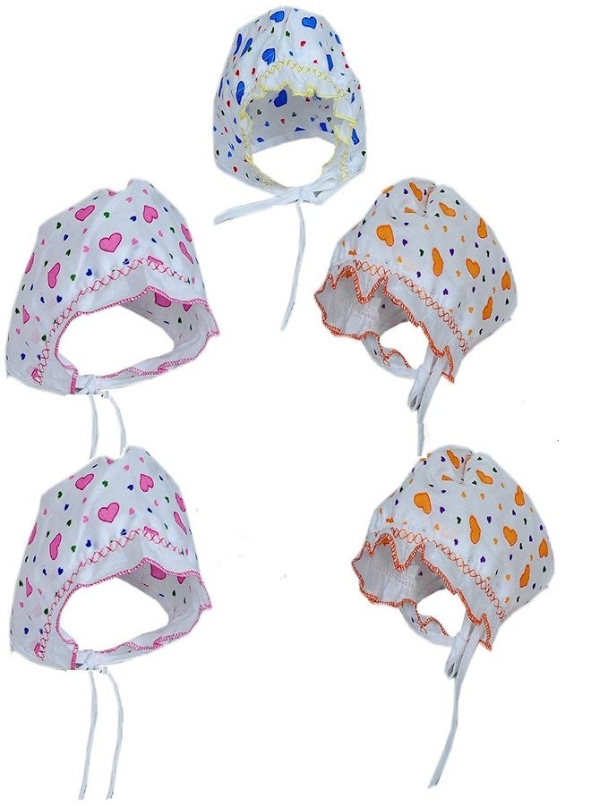 MammaChamp Soft Pure Cotton Printed Cap/Hat/Topi with Tie Knot and Bonnet for Unisex Baby 0-6 Months, Pack - 5 White - Image 1