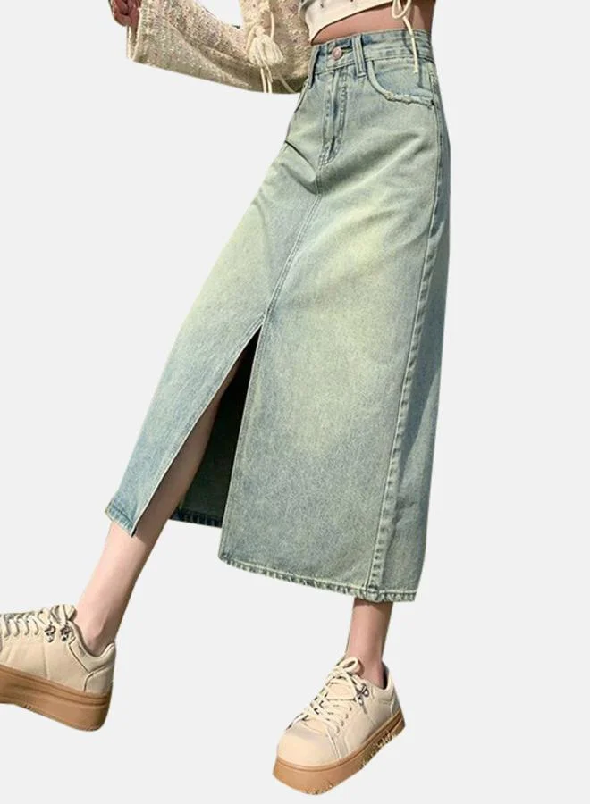 يونيكي Green Denim A-Line Midi Denim Skirt