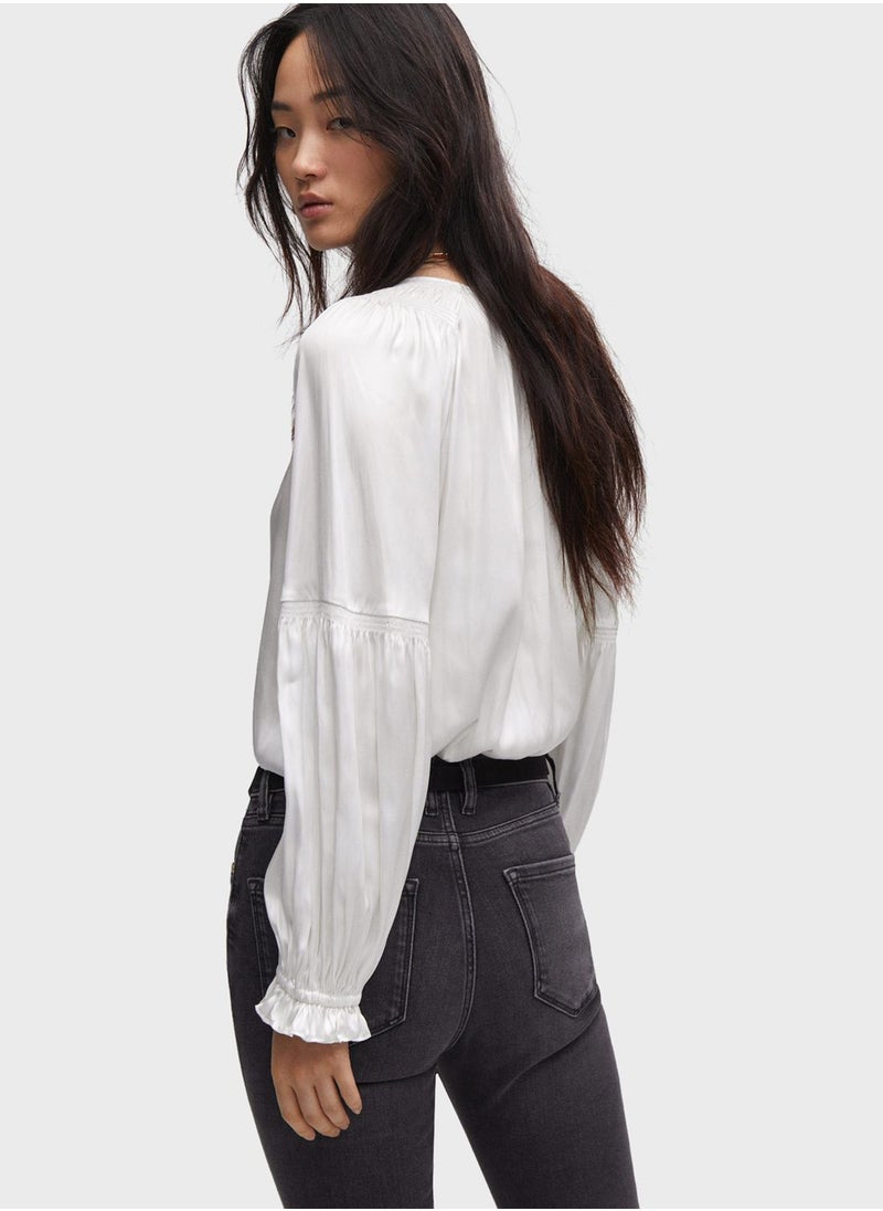 MANGO - V-Neck Puff Sleeve Top - Image 1