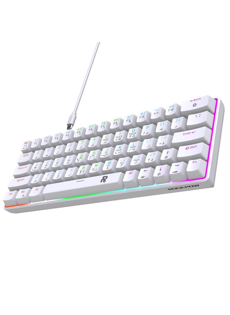 Rock Pow ROCK POW 60% Arabic English Mechanical Gaming Keyboard, 63keys RGB Backlit Ultra-Compact Mini Keyboard, Waterproof Mini Compact Keyboard for PC/Mac Gamer, Typist, Trip Hot Swappable Red Switch  - Image 4