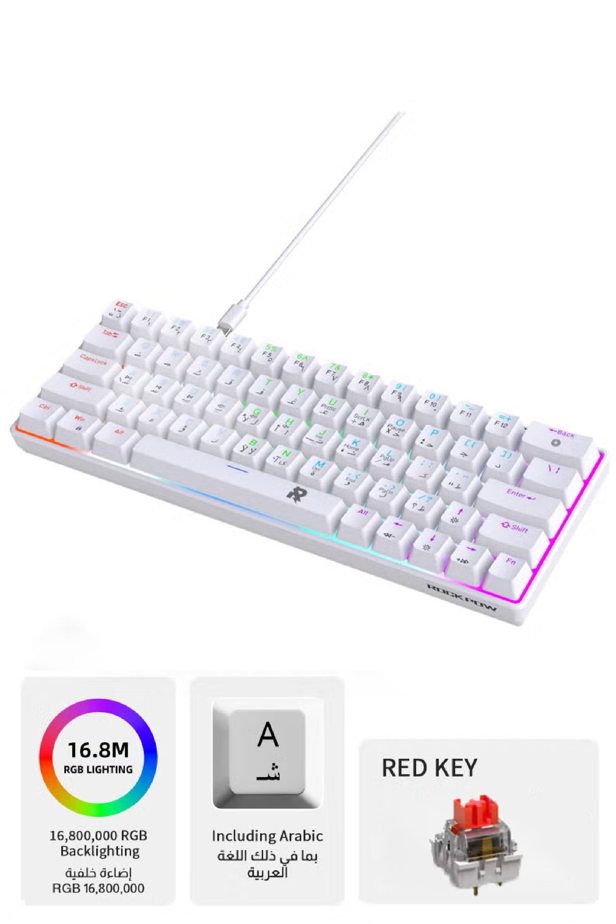 Rock Pow ROCK POW 60% Arabic English Mechanical Gaming Keyboard, 63keys RGB  Backlit Ultra-Compact Mini Keyboard, Waterproof Mini Compact Keyboard for 
