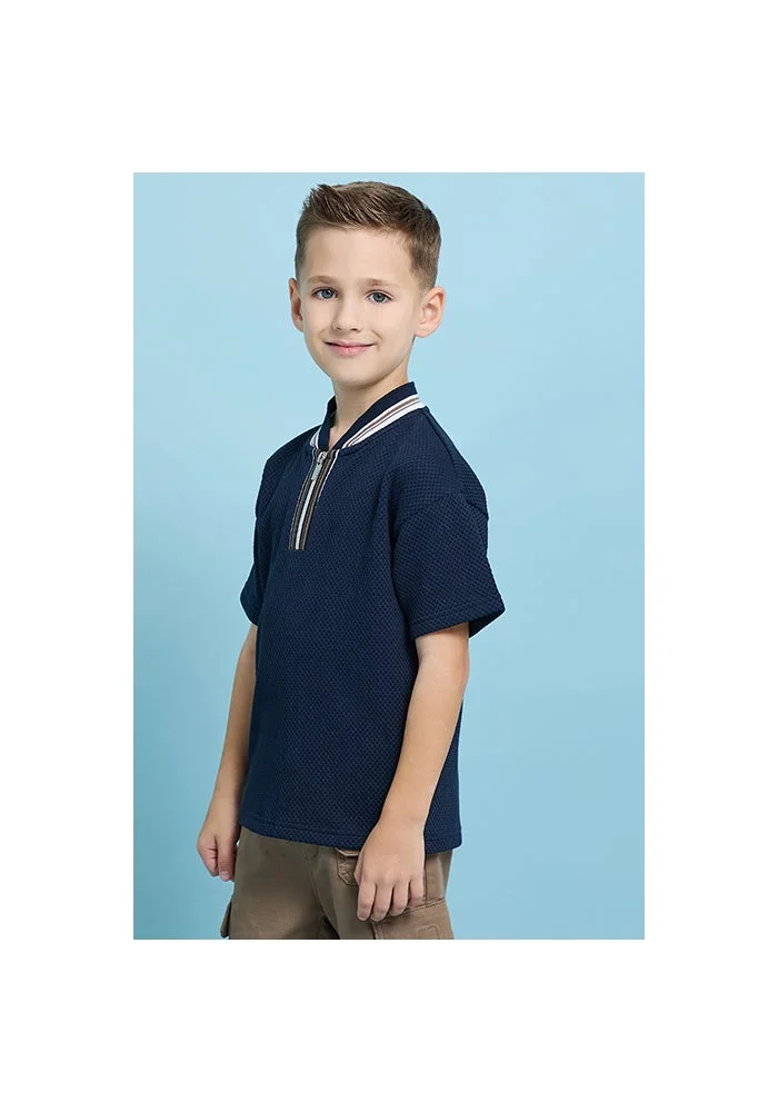 أر أند بي Contrast Trim T-Shirt with Stand Collar and Short Sleeves