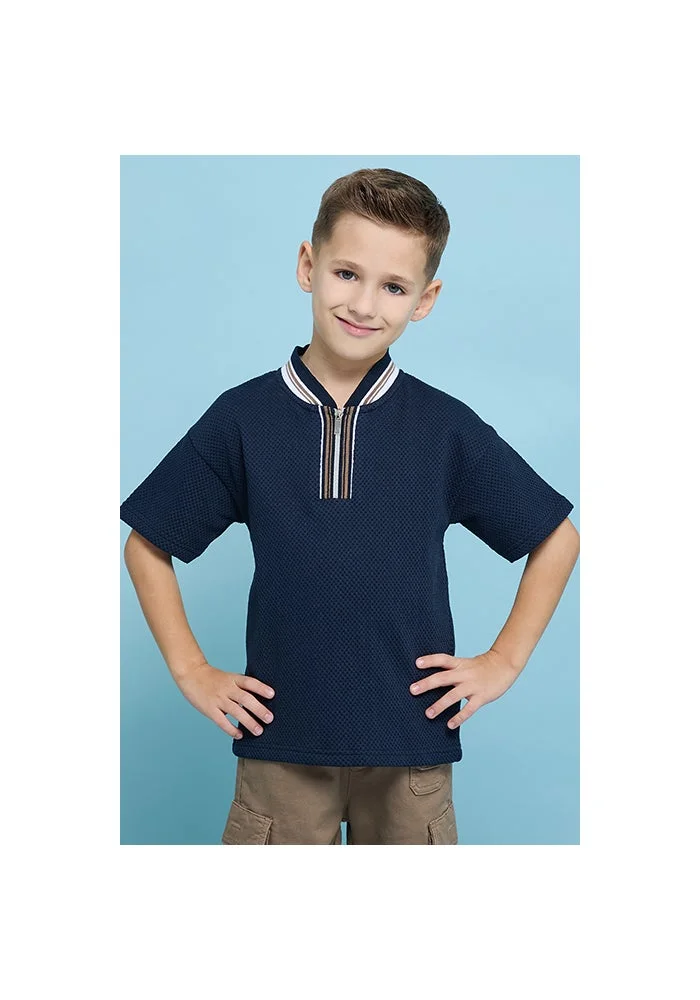 أر أند بي Contrast Trim T-Shirt with Stand Collar and Short Sleeves
