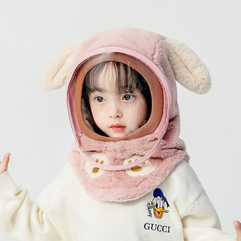 Kids Winter Warm Windproof Masked Beanie Set Pink-Long Ears (Mask Removable) 
