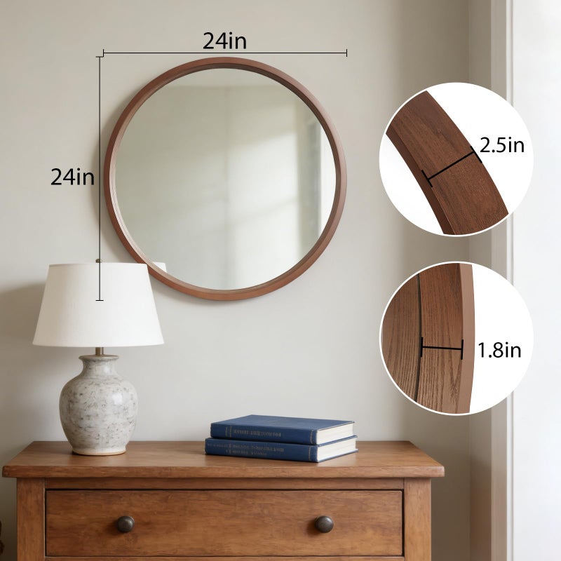 WallBeyond 24 Inch Round Wood Mirror, Circle Wooden Frame Wall Mirror for Bathroom, Living Room, Bedroom, Entryway (Walnut) - Image 5