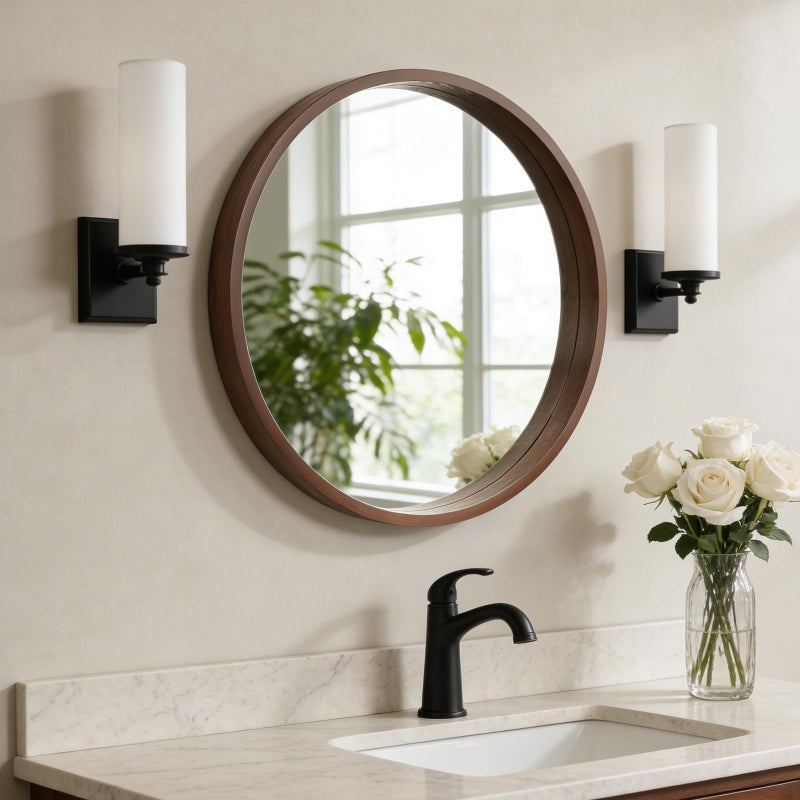 WallBeyond 24 Inch Round Wood Mirror, Circle Wooden Frame Wall Mirror for Bathroom, Living Room, Bedroom, Entryway (Walnut) - Image 1