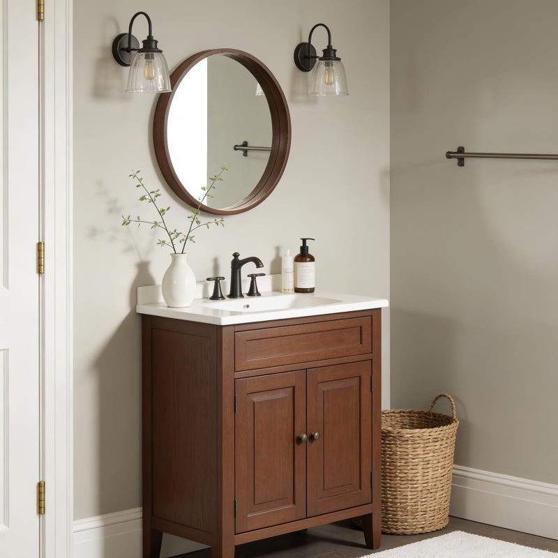 WallBeyond 24 Inch Round Wood Mirror, Circle Wooden Frame Wall Mirror for Bathroom, Living Room, Bedroom, Entryway (Walnut) - Image 2