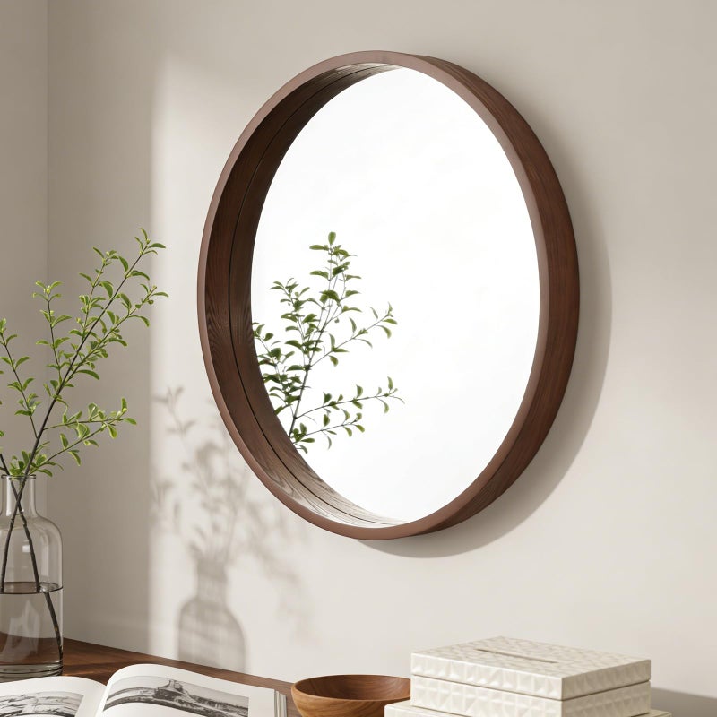 WallBeyond 24 Inch Round Wood Mirror, Circle Wooden Frame Wall Mirror for Bathroom, Living Room, Bedroom, Entryway (Walnut) - Image 3