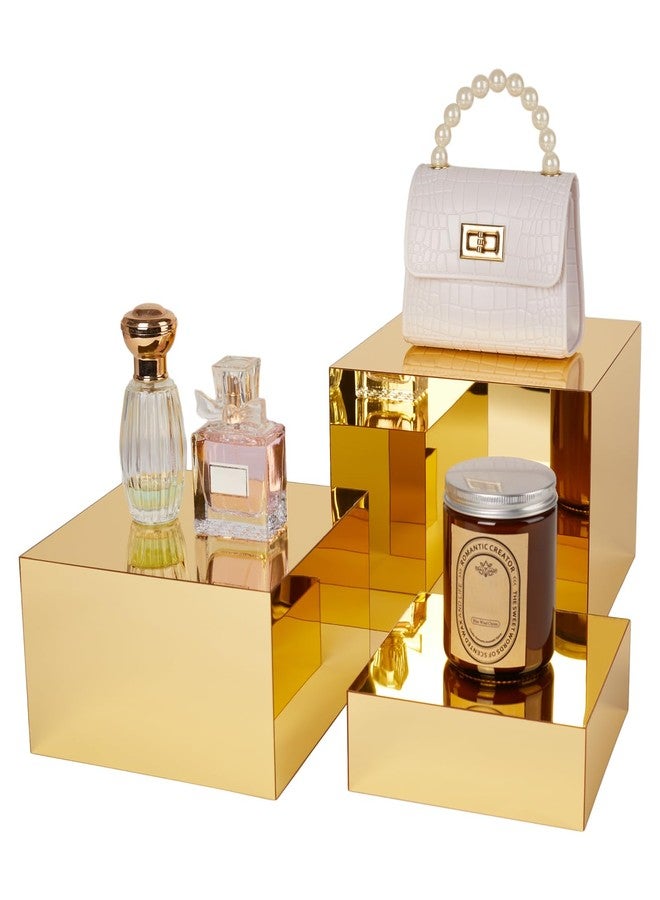 Jolboldy 3 Pcs Gold Acrylic Risers Display Stands, Mirrored Nesting Cube Boxes Pedestal for Figures Collectibles, Jewelry Purse Wallet Showcase Blocks, Buffet Risers Food Display Catering Dessert Cake - Image 1