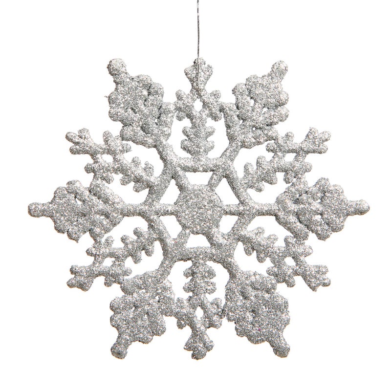 Vickerman 4"" Silver Glitter Snowflake Ornament Set - Sparkly Shatterproof Snowflakes with Matching Glitter Accents and Nylon Hanging String (24 Snowflakes per Box)