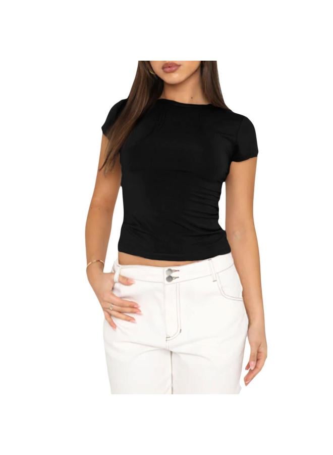 European And American Women's Casual Short-sleeved T-shirt Spring And Summer Solid Color Slim-fit Pullover T-shirt Women's Street Base Shirt 