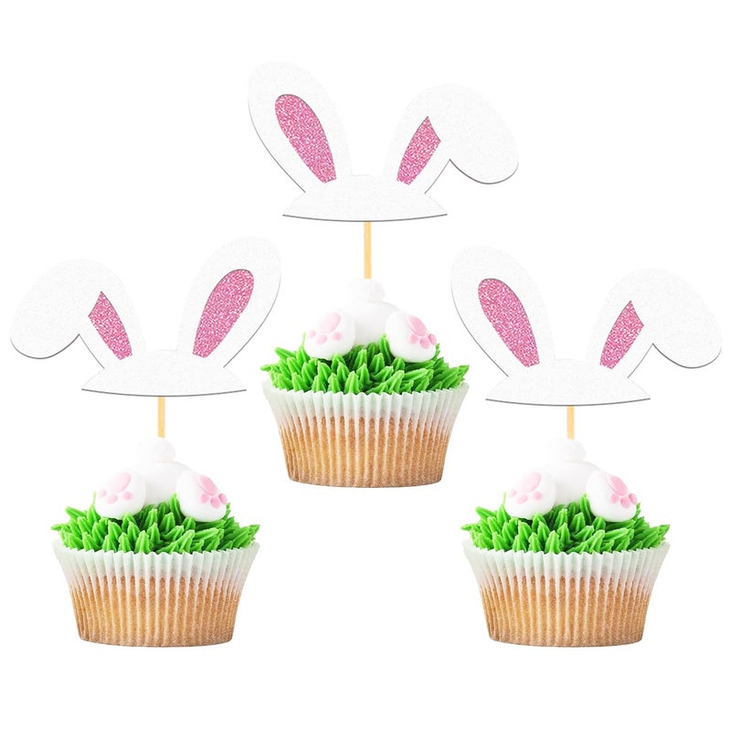 Moitkptt 24Pcs Easter Bunny Ear Cupcake Toppers for Happy Easter Decorations  Easter Rabbit Ear Cake Topper for Easter Theme Birthday Baby Shower Party Supplies (Ear M) - Image 1