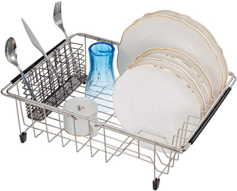 SANNO Cutlery Utensil Holder Silverware Organizer Stainless Steel Rack with Hooks Removable Drying Rack Silverware Holder Utensil Cutlery Basket Kitchen Dish Drainer Dish Drying Rack nickel - Image 4