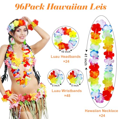 Eunvabir 96 Pcs Hawaiian Leis for Luau Party Decorations Tropical Themed Silk Hawaiian Flowers Leis Bulk Necklace Headband Wristband for Summer Beach Birthday Vacation Hula Dance Party Favors Supplies Decor - Image 5