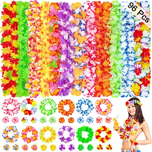 Eunvabir 96 Pcs Hawaiian Leis for Luau Party Decorations Tropical Themed Silk Hawaiian Flowers Leis Bulk Necklace Headband Wristband for Summer Beach Birthday Vacation Hula Dance Party Favors Supplies Decor - Image 1