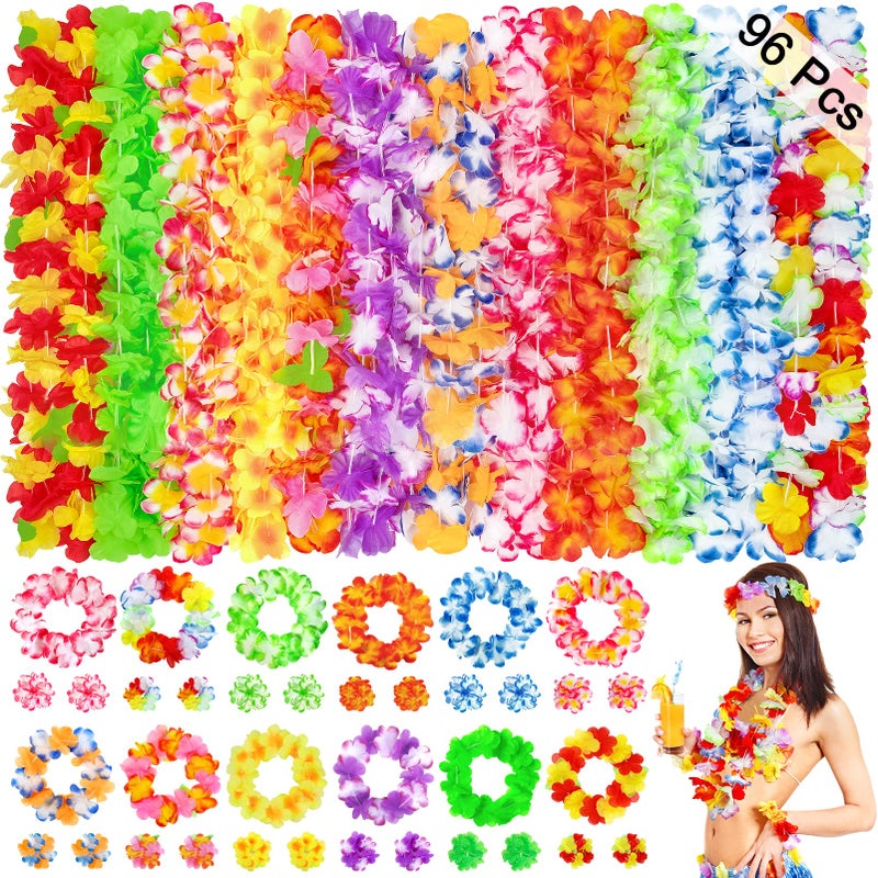 Eunvabir 96 Pcs Hawaiian Leis for Luau Party Decorations Tropical Themed Silk Hawaiian Flowers Leis Bulk Necklace Headband Wristband for Summer Beach Birthday Vacation Hula Dance Party Favors Supplies Decor - Image 3