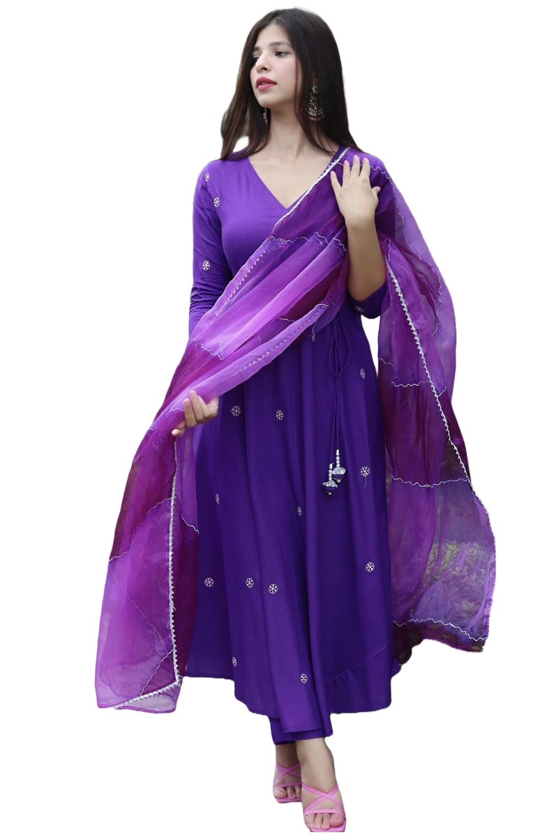 GoSriKi Women's Cotton Blend Anarkali Embroidered Kurta with Pant & Dupatta (GSK-Purple-GS_XXL_Purple_XX-Large) - Image 1