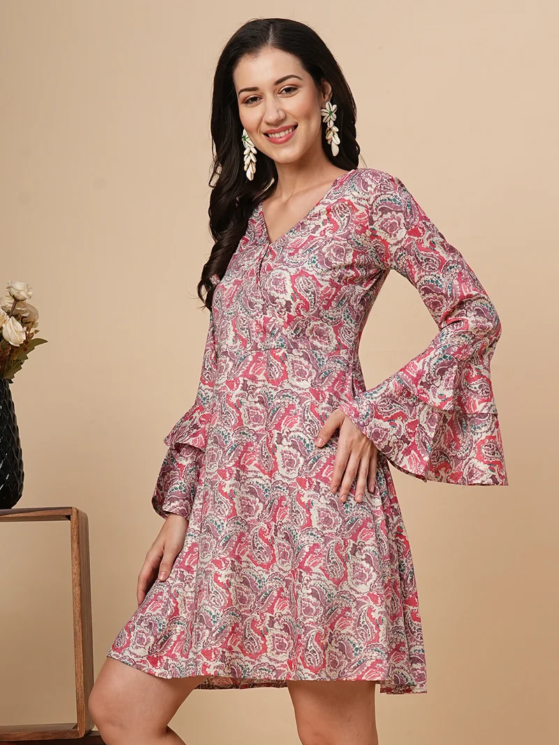globus Women Ethnic Motifs Printed Bell Sleeves Layered A-Line Dress