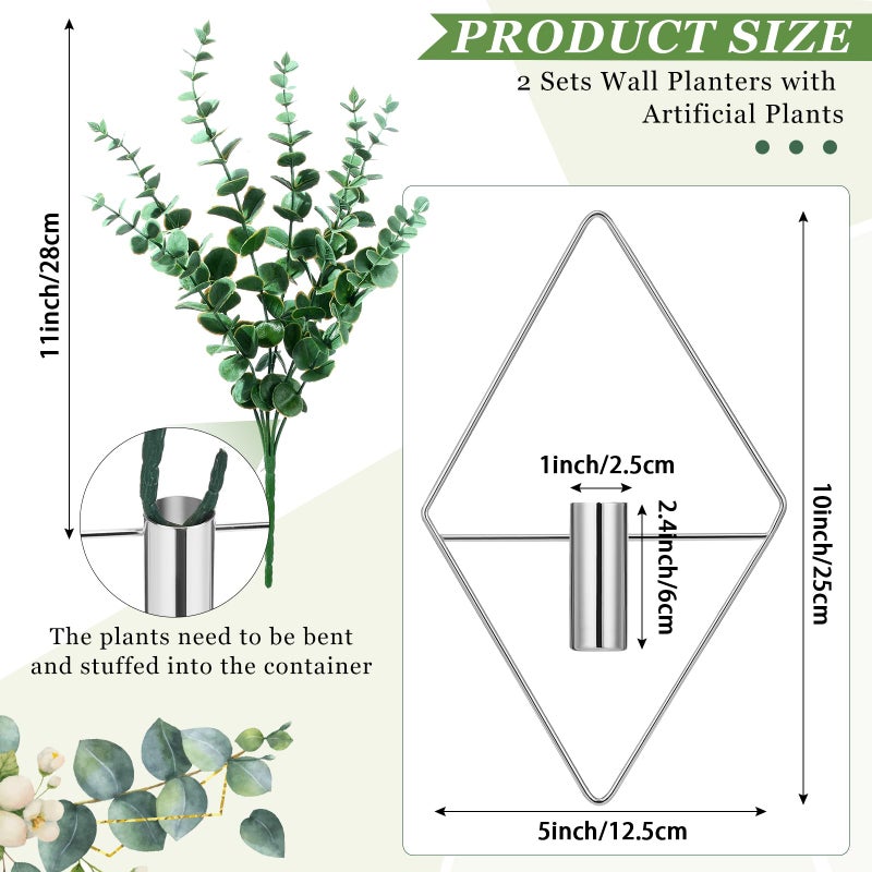 Canlierr 2 Pieces Wall Decor Hanging Planters with Artificial Plants Metal Hanging Vase Indoor Plants Holder Modern Boho Wall Art for Bathroom Bedroom Living Room Decor(Silver, Eucalyptus) - Image 2