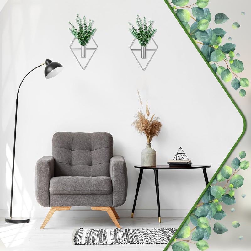 Canlierr 2 Pieces Wall Decor Hanging Planters with Artificial Plants Metal Hanging Vase Indoor Plants Holder Modern Boho Wall Art for Bathroom Bedroom Living Room Decor(Silver, Eucalyptus) - Image 4