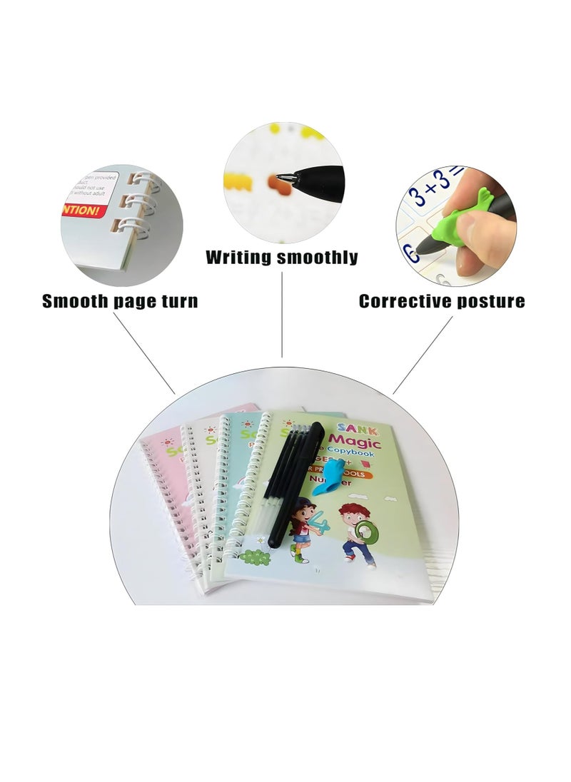 Magic Practice Copybook | Magic Ink Copybooks for Kids | Calligraphy Book Set | Reusable Handwriting Workbooks for Preschools | Grooves Template Design and Handwriting Aid Copybook (4pcs)