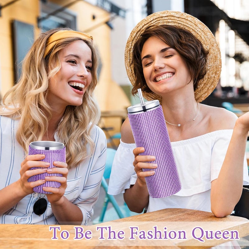 Rtteri Rtteri 3 Pcs Bling Water Bottle Rhinestone Stainless Steel Bling Cup Stemless Glitter Tumbler Insulated Rhinestone Tumbler with Chain Lid and Straw for Women Coffee Martini Wine Cups Purple - Image 5