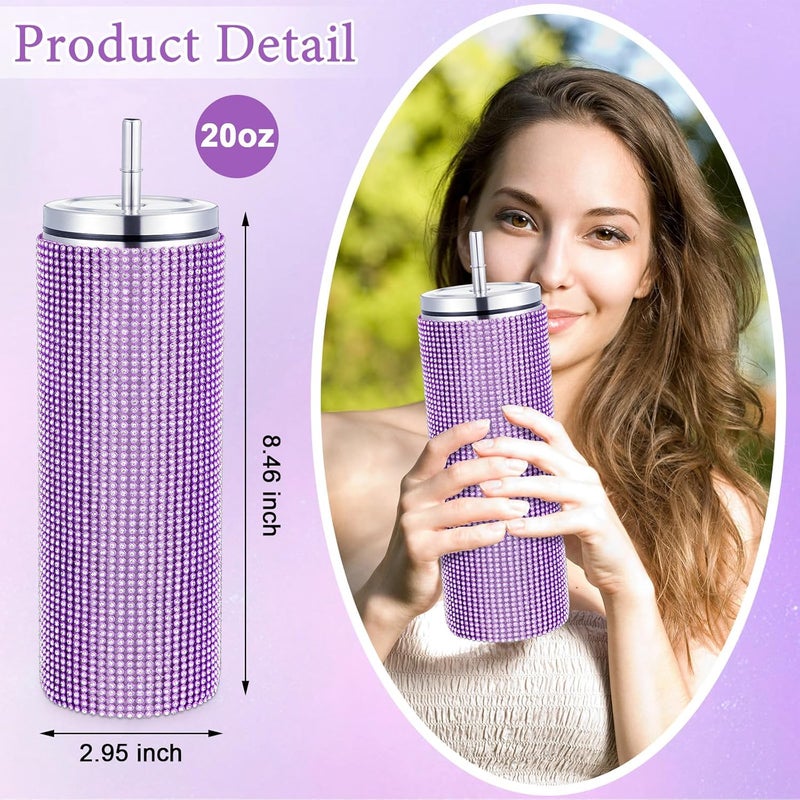 Rtteri Rtteri 3 Pcs Bling Water Bottle Rhinestone Stainless Steel Bling Cup Stemless Glitter Tumbler Insulated Rhinestone Tumbler with Chain Lid and Straw for Women Coffee Martini Wine Cups Purple - Image 2