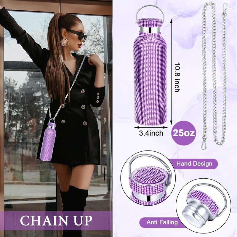 Rtteri Rtteri 3 Pcs Bling Water Bottle Rhinestone Stainless Steel Bling Cup Stemless Glitter Tumbler Insulated Rhinestone Tumbler with Chain Lid and Straw for Women Coffee Martini Wine Cups Purple - Image 4