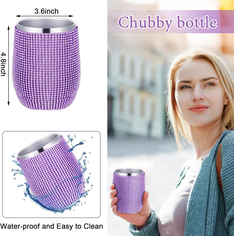 Rtteri Rtteri 3 Pcs Bling Water Bottle Rhinestone Stainless Steel Bling Cup Stemless Glitter Tumbler Insulated Rhinestone Tumbler with Chain Lid and Straw for Women Coffee Martini Wine Cups Purple - Image 3