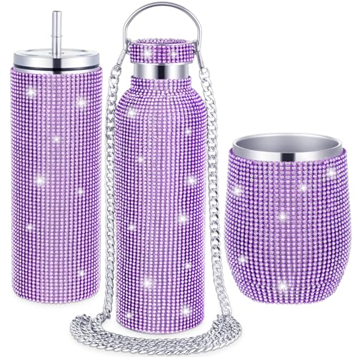 Rtteri Rtteri 3 Pcs Bling Water Bottle Rhinestone Stainless Steel Bling Cup Stemless Glitter Tumbler Insulated Rhinestone Tumbler with Chain Lid and Straw for Women Coffee Martini Wine Cups Purple - Image 1