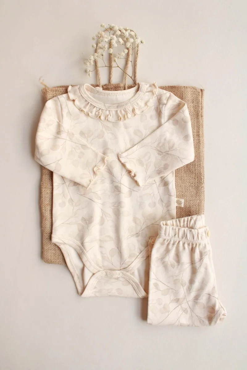 Ohlala Koala Cream Branch Patterned Ruffle Bodysuit Tights Set