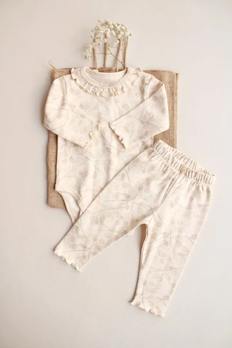 Ohlala Koala Cream Branch Patterned Ruffle Bodysuit Tights Set