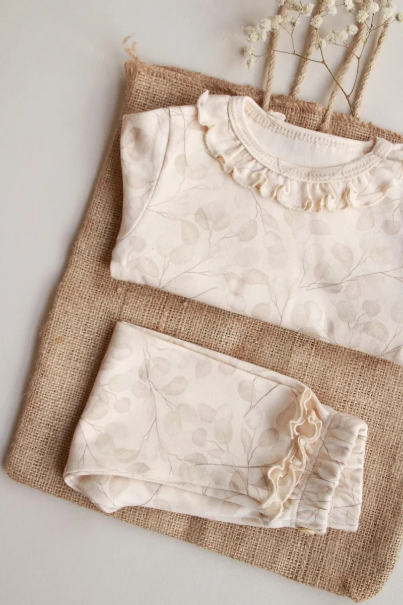 Ohlala Koala Cream Branch Patterned Ruffle Bodysuit Tights Set