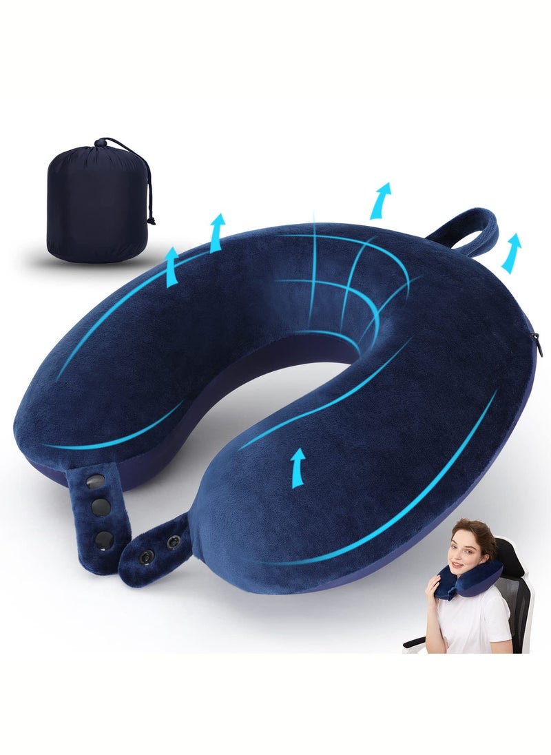 joyzzz - Travel Neck Pillow, Best Memory Foam Airplane Pillow for Head Support Soft Adjustable Pillow for Plane, Car or Home Recliner Use (Blue) - Image 1