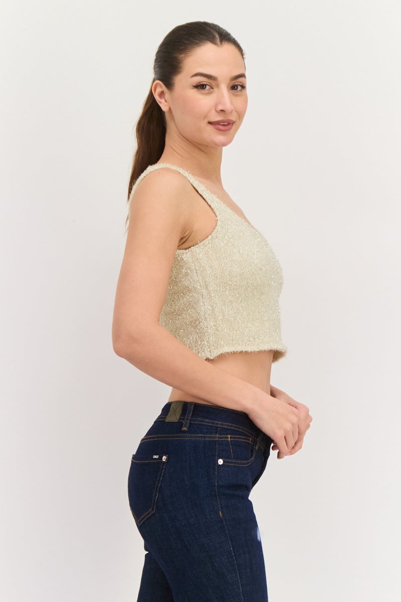 GUESS Women Scoop Neck Textured Sleeveless Top, Gold - Image 2