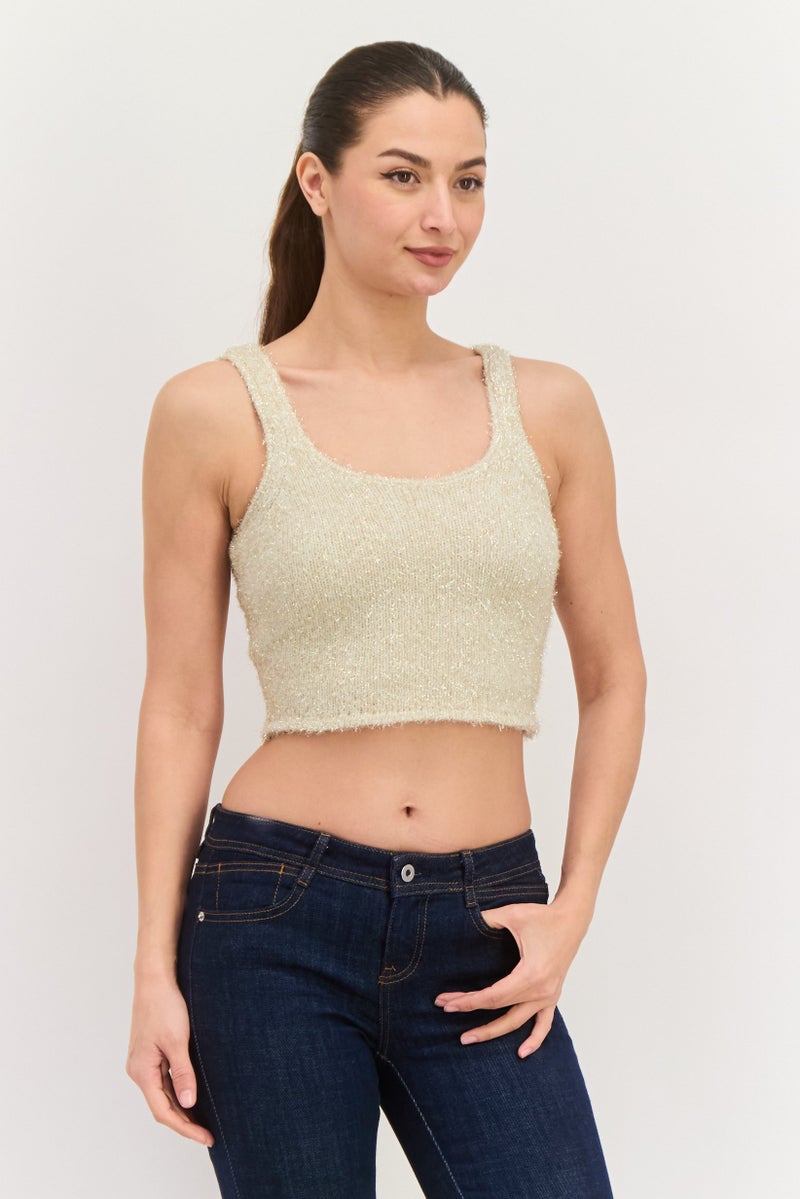 GUESS Women Scoop Neck Textured Sleeveless Top, Gold - Image 1