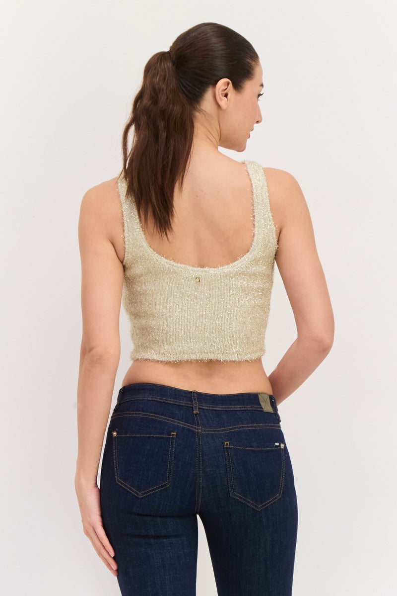 GUESS Women Scoop Neck Textured Sleeveless Top, Gold - Image 3