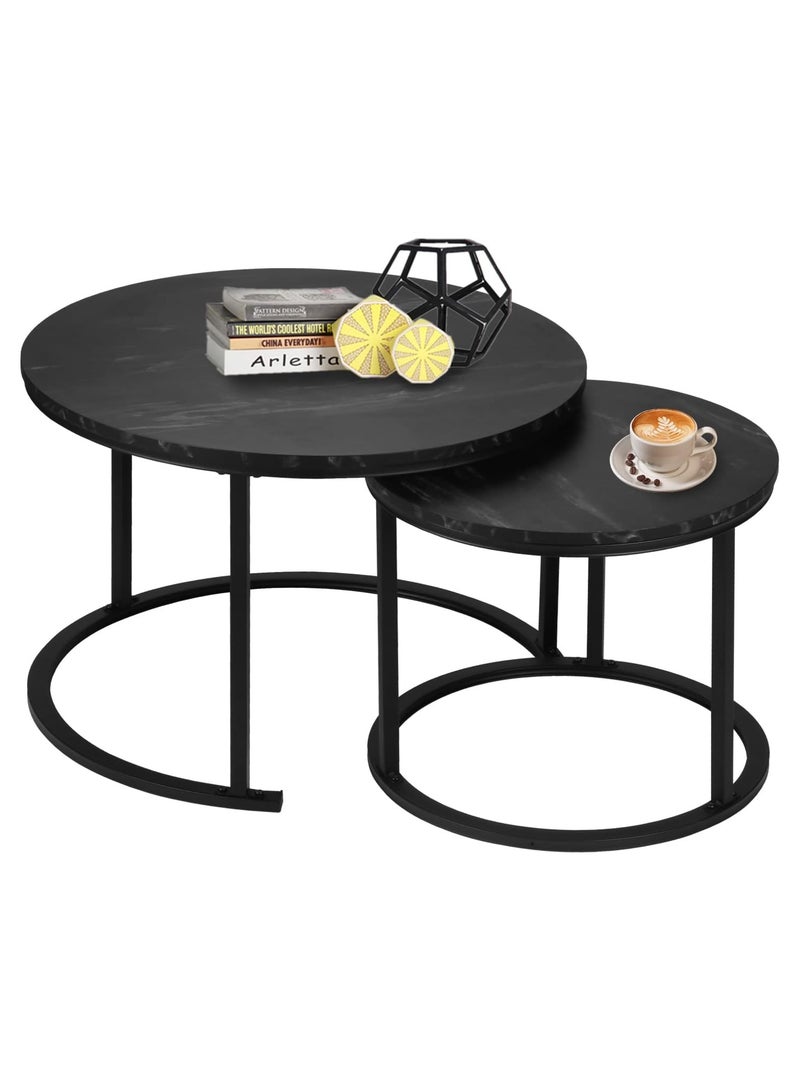 DubaiGallery Round Nesting Coffee Table Side Table Set of 2 End Tables for Living Room Bedroom Balcony,Black Faux Marble Wooden Table - Image 1