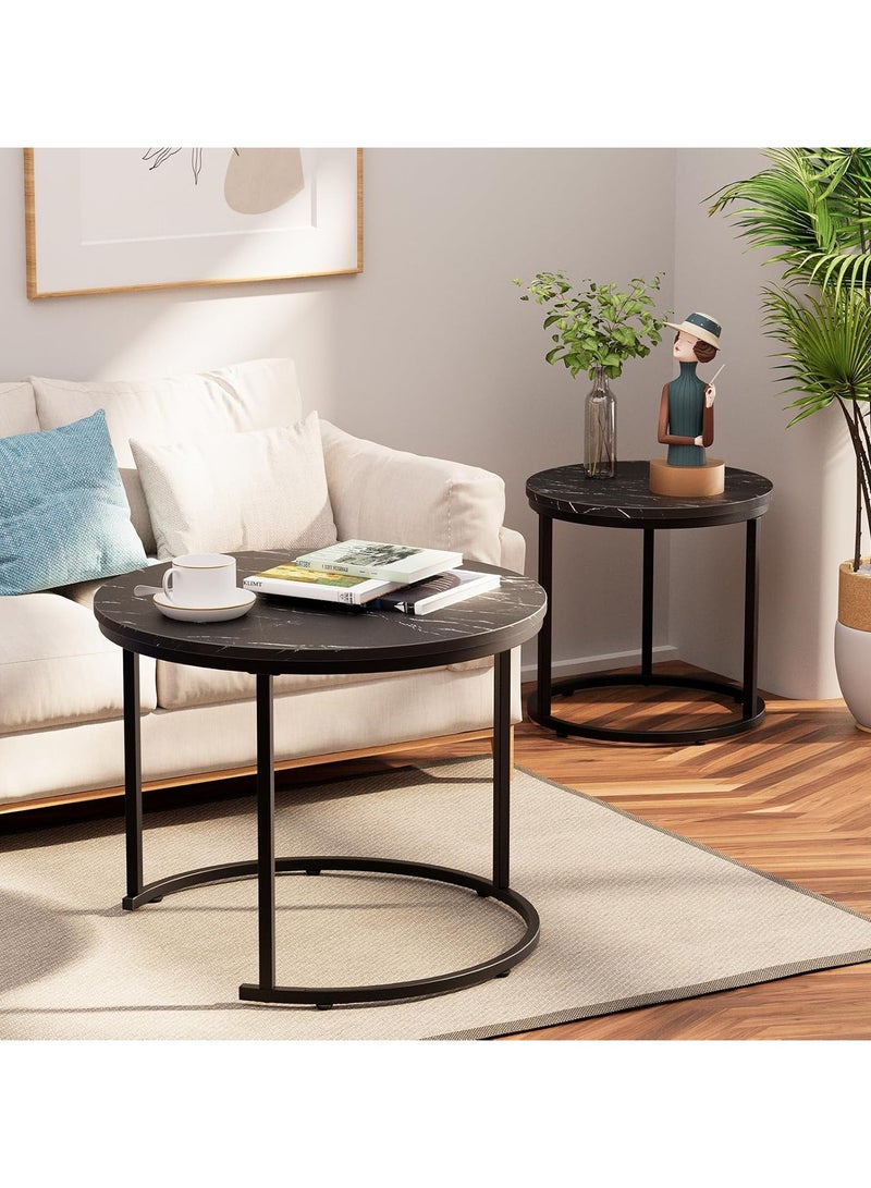 DubaiGallery Round Nesting Coffee Table Side Table Set of 2 End Tables for Living Room Bedroom Balcony,Black Faux Marble Wooden Table - Image 3