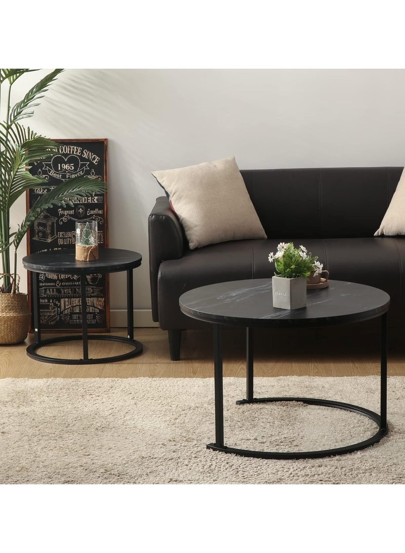 DubaiGallery Round Nesting Coffee Table Side Table Set of 2 End Tables for Living Room Bedroom Balcony,Black Faux Marble Wooden Table - Image 4