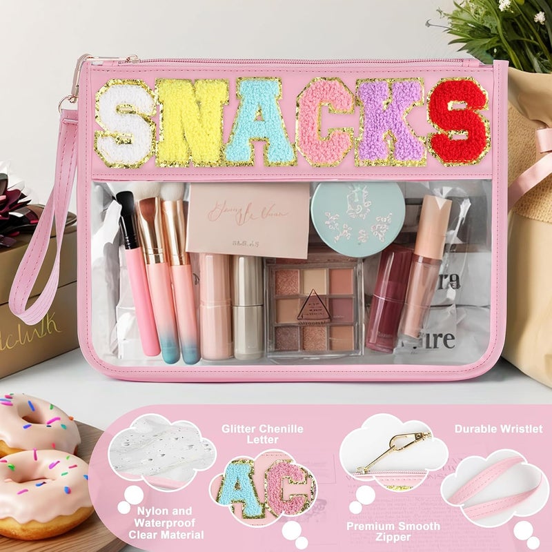 YOOJ ® Clear Snack Bag for Travel, Chenille Letter Clears Zipper Snacks Pouch- Waterproof Nylon Clears Cosmetic Bag/Tote Bag/Makeup Travel Bag/for Women Girls (Pink) - Image 3