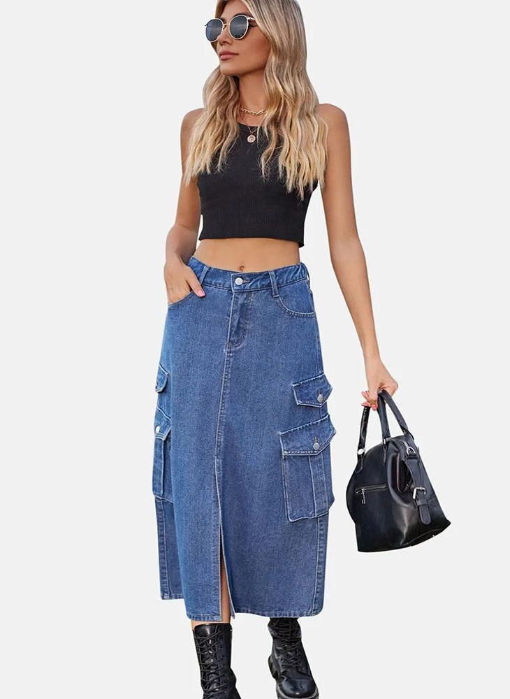 يونيكي Blue Mid Rise Plain Midi Skirt