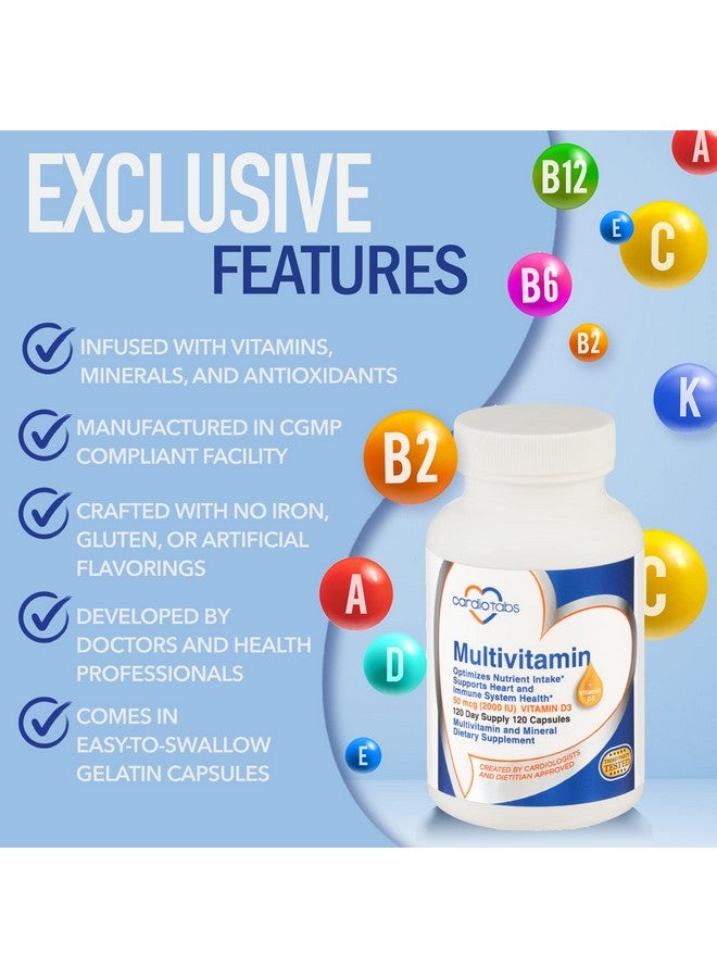 Cardiotabs Multivitamin - Heart and Immunity Supplements for Men & Women, Multivitamin for Men & Women, with Minerals B-Vitamin Complex, Vitamins A, C, E, K and 2000 IU Vitamin D3, 120-Count Bottle - Image 2