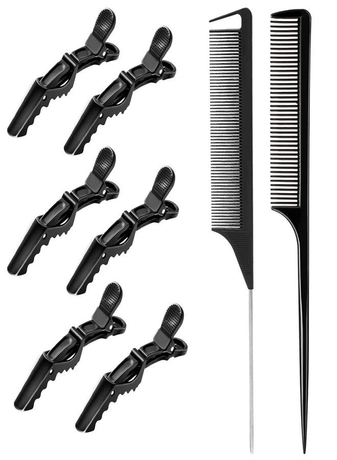 Calitate24 مجموعة مشابك تقسيم الشعر Calitate24، 6 قطع، مشابك تمساح لتقسيم الشعر في الصالونات، دبابيس بلاستيكية سوداء على شكل تمساح، قبضة مانعة للانزلاق، مع مشطين على شكل ذيل. - Image 1