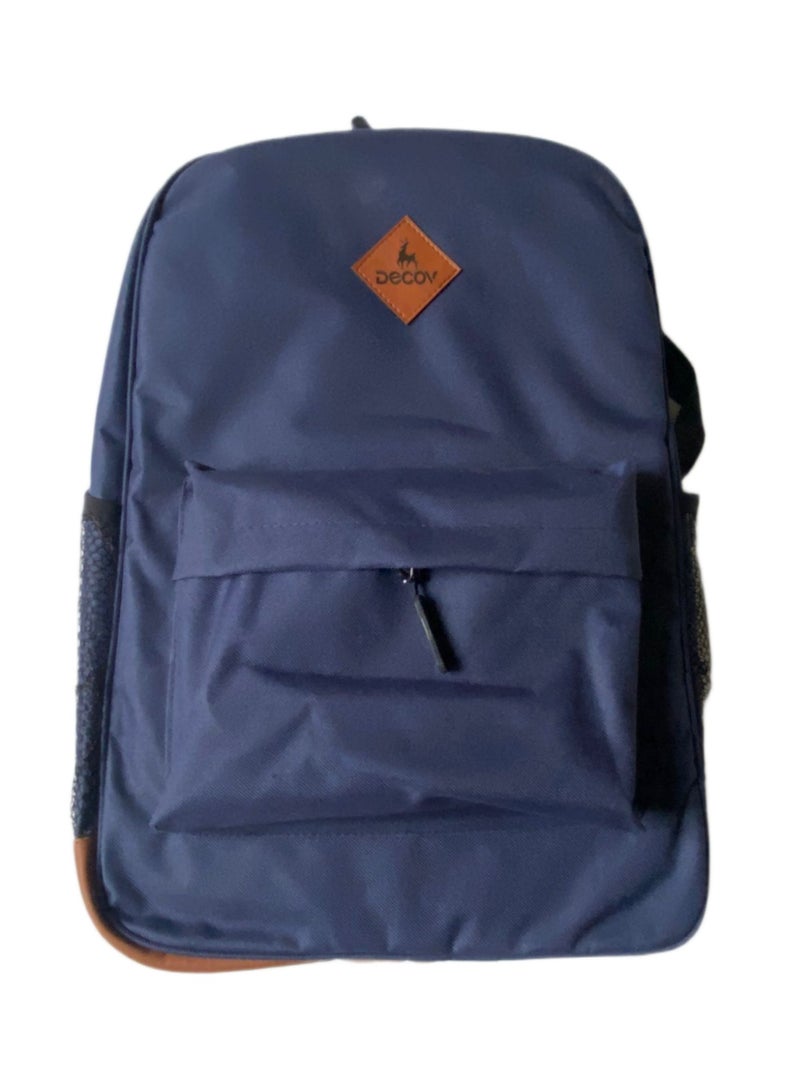 Decov Classic Backpack, Navy Blue with Snake Pattern Accents, Brown Leather Logo Patch