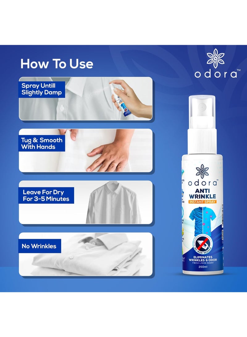 Odora Anti-Wrinkle Fabric Spray- Easily and Instantly Removes Wrinkles and Eliminates Odor in 5 Minutes, Anti-Static, No iron needed, No Stains, No Fading of clothes, 250 ml  - Image 3